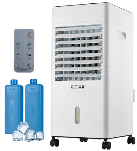AMOS Portable Air Cooler with 5L Water Tank, Remote Control, 3 Fan Speeds, Digital Display, 12H Timer, Oscillation, Wheels & 2 Ice Packs – Cooling and Humidifying Fan for Home or Office