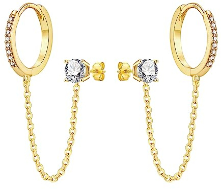 Chain Earrings for Women - 925 Sterling Silver Gold Hoop Double Piercing Earrings Two Holes CZ Huggie Hoop Earrings Set Tassel Drop Link Cuff Cartilage Helix Earrings for Teen Girls Jewellery Gifts