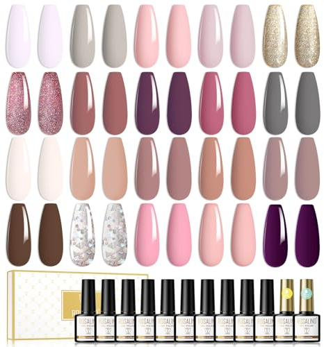 ROSALIND UV Nagellack Set 22 Pcs Mit Top & Base Coat 20 Farben Shellac Nagellack UV LED Soak Off Nail Polish Gel Lack Glitzer Nude Braun Lila Rosa ManiküRe Set 8ml