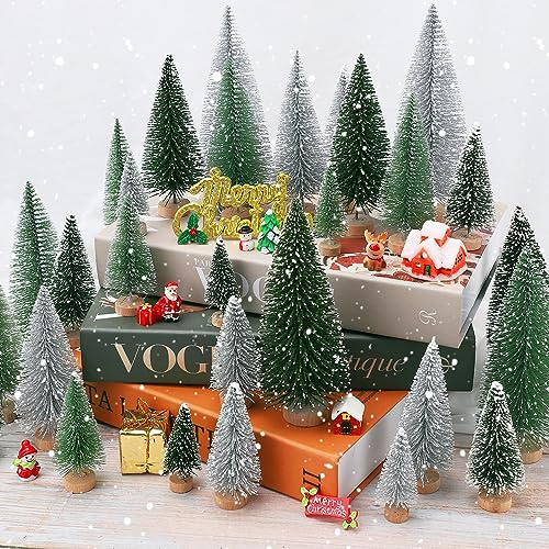 30Pcs Mini Christmas Tree Decor, Artificial Christmas Tree 5 Sizes,Mini Sisal Snow Frost Trees with Wooden Base for Christmas Decor Christmas Party Home Table Craft Decorations (A-Green/Silver)