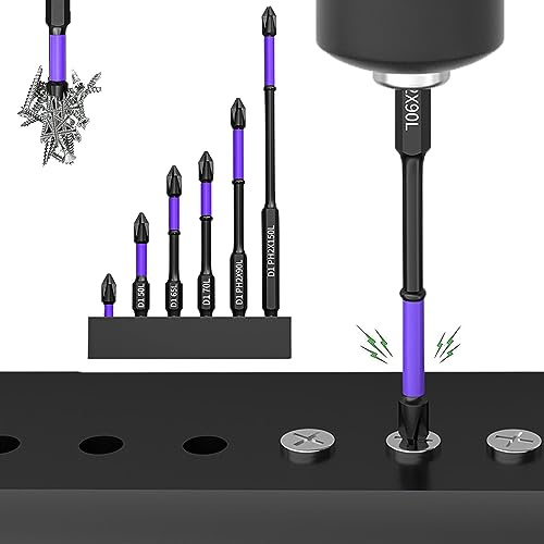 D1 Anti-Slip and Shock-Proof Bits with Phillips Screwdriver Bits-Upgraded High Hardness and Strong Magnetic Bit,1/4 Inch Hex Shank Cross Impact Driver Bit Set,Non-Slip Screwdrivers Bits (6Pcs/Set)