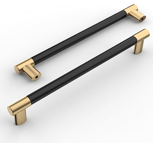 Amerdeco 10 Pack Matte Black and Gold Knurled Cabinet Pulls 10 Inch Hole Center Kitchen Cabinet Handles for Drawer Cupboard and Wardrobe ZH0038……