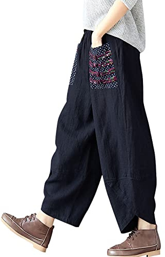 QUINTRA Pantalon palais patchwork pour femme style ethnique avec taille élastique 3/4 Pantalon d'été pour femme, bleu foncé, L