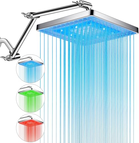 PinWin 8'' LED Rain Shower Head with 16'' Adjustable Extension Arm, Rainfall Style Water Spray, LED Shower Head Water Temperature Controlled Color Changing, Chrome Finish