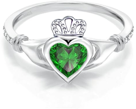 Anillo de plata de ley Claddagh para mujer, anillo de piedra natal irlandesa Claddagh, anillo de compromiso con corona de nudo celta para mujer, anillo de compromiso para aniversario de boda, 8, Plata