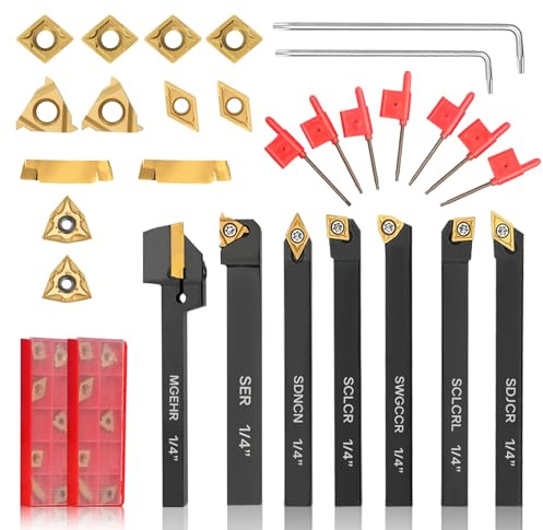 Indexable Lathe Turning Tool 21Pcs Kit 1/4'' 6mm Shank 7Pcs Metal Lathe Tools Holder Set with 14Pcs Turning Inserts for Turning Grooving Threading Boring Carbide Inserts Carbide Turning Tool