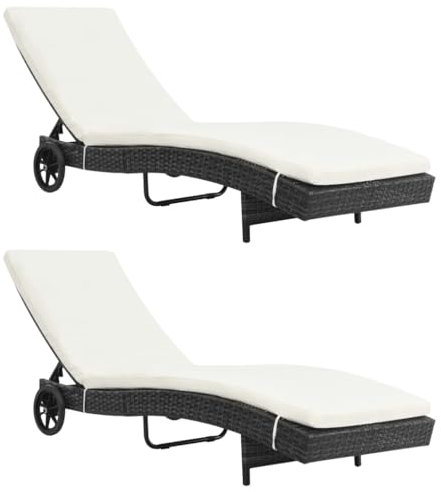 Homgoday Sonnenliegen 2 STK. mit Rollen und Auflagen Rattanlliege Gartenliege Sonnenliege Relaxliege Strandliege Balkonliege Freizeitliege für Garten Balkon Poly Rattan Schwarz