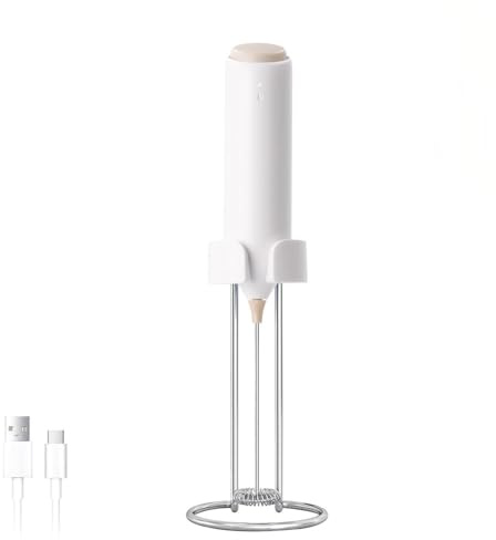 ELMWAY Rechargeable Milk Frother – Handheld Electric Whisk for Coffee, Latte & Matcha, Ergonomic Grip with Charging Stand or Wall Mount Holder – White