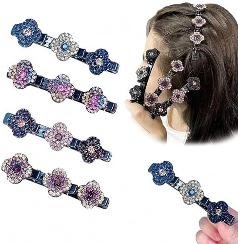 Kristall Haarspangen Damen, 4 Stück Doppelschicht Haarclips, Neue Kolibri Haarspange mit Kristallblume, Doppelschicht Mini Geflochtene Haarspangen, für Damen Mädchen Elegante Frisuren