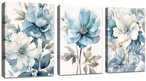 3 Pcs Leinwandbilder Bilder mit Rahmen Graue und blaue Blumen Tinte bild auf leinwand Wandkunst Modern Wandbilder Kunstdruck Deko für Wohnzimmer Schlafzimmer fertig zum Aufhängen 150x70cm(50x70x3)