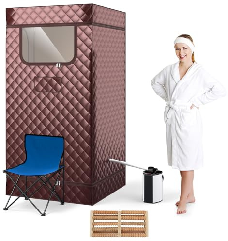 RELAX4LIFE Mobile Dampfsauna 3L, Heimsauna mit Fernbedienung&Saunastuhl, Sitzsauna mit 9 Temperaturstufen, Timer&Vernebelungsfunktion, Mini Sauna 1000W Verdampfer, Saunakabine 91x91x183cm (Kaffee)