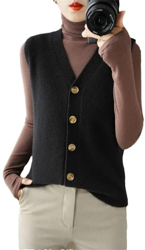 Cardigan en laine mélangée pour femme - Col en V - Sans manches - Boutons, Noir , S