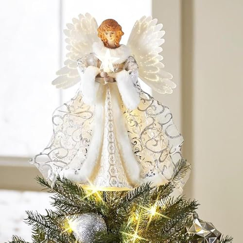 Albero di Natale bambola angelo dorato con decorazione superiore a luce LED, statuetta superiore dell'albero angelo in acrilico bianco da, puntale albero angelo di Natale con ali di piume bianche