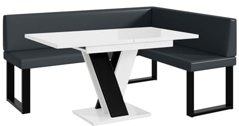 MEBLINI Eckbank für Esszimmer mit ausziehbarem Tisch - Küchenbank - Essecke - Sitzecke Küche - Toni - U-Beine 128x168x87cm Rechts - Dunkelgrau Kunstleder/M Weiß-Schwarz Hochgl.