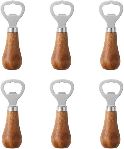 Lxoraziy 6 Stück Flaschenöffner aus Holz, Edelstahl Tragbare Bierflaschenöffner, Natur Kronkorkenöffner für Getränke, Apfelwein, Bar, Heim-Gadgets(Silber)