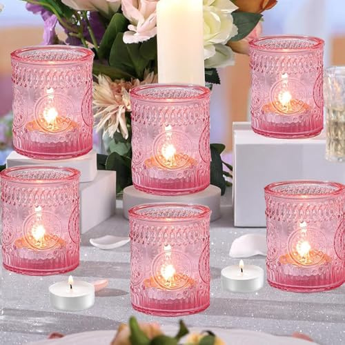 Rosa Votivkerzenhalter, 6 Stück Glas-Teelicht-Kerzenhalter für Hochzeit, Party, Heimdekoration (Rosa)