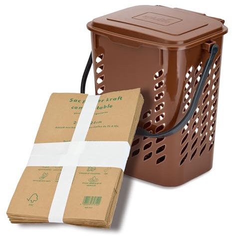 Poubelle à Compost de Cuisine 10L + 20 Sacs Kraft compostables, pour déchets organiques – Bio-Seau aéré Anti-odeurs, avec Couvercle pour la Collecte biodéchets Alimentaire, Marron