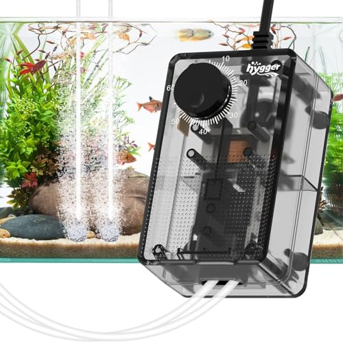 hygger Aquarium-Luftpumpe, 2,5 W, ultra-leise, kleine Sauerstoffpumpe mit 2 Luftauslässen, verstellbare Luftzirkulation, durchsichtig, energiesparende Pumpe