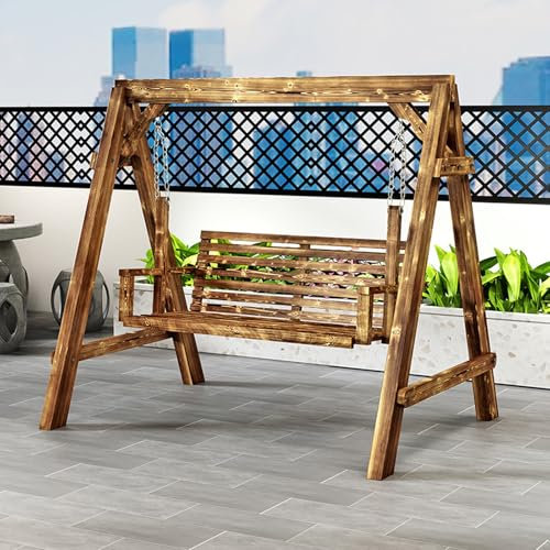 Hollywoodschaukel 2 Sitzer aus Holz, Gartenschaukel mit Metallketten, Lattenrost, Tragkraft 300 Kg, für Garten, Terrasse, Veranda(Brown)