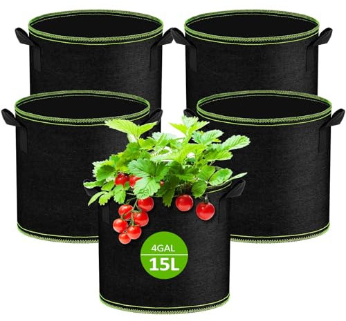 Muyohix 5 Pezzi 15 L Sacco di Coltivazione, Vaso di Stoffa, Borsa per Piante in Tessuto non Tessuto per Patate, Pomodori, Sacchetti per Piante Riutilizzabili per Balcone, Terrazza, Serra e Giardino