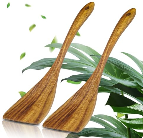 AMFUN 2er Set Pfannenwender Olivenholz, Pfannenwender Holz, Kochutensilien Set, Hitzebeständig, Antibakteriell, Spülmaschinenfest