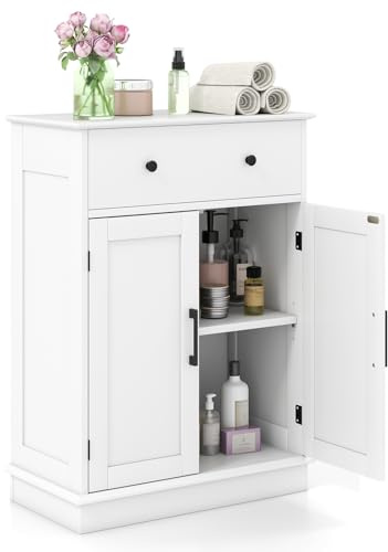 COSTWAY Badezimmerschrank, Badschrank mit Schublade, Türen & verstellbarem Regal, Kommode Holz für Badezimmer, Wohnzimmer, Schlafzimmer & Küche, 56 x 30 x 80cm (Weiß)