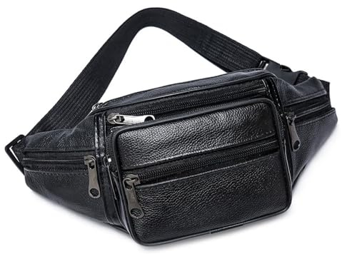 Sac Banane Homme et Femme Vintage en Cuir avec 7 Poches zippée Ceinture réglable Sac de Randonnée pour Le Cyclime, Les Voyages 31x15x12cm-Noir