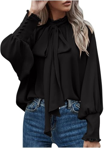 Elegante maglione da donna, elegante fiocco, nodo, colletto alla coreana, volant, maniche a lanterna, camicie in chiffon, da donna, ufficio, lavoro, camicia lunga, casual, vestibilità ampia, magliette