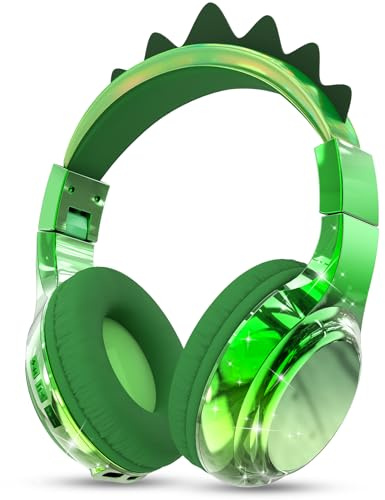 JYPS Bluetooth Kopfhörer Kinder, Metallisch Kabellose Kopfhörer Kinder Over Ear mit 74/85dBA Lautstärkebegrenzung, 40 Stunden Spielzeit, ab 3 5 6 7 für iPad/Schule/Tablet (Dinosaurier, Grün)
