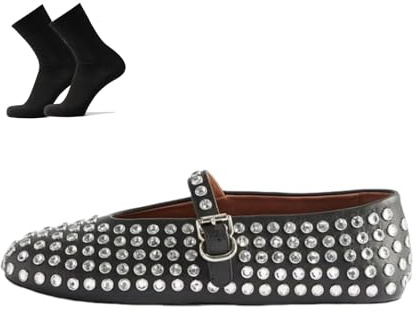 KaloKLU Ballerine da donna ultra comode in maglia con strass incastonati, con cinturino a fibbia, Nero , 39 EU