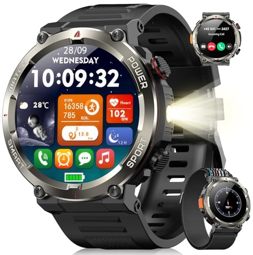Blackview Reloj Inteligente Hombre con Linterna y Brújula, 1,45 Smartwatch con Llamadas Bluetooth, Pulsómetro, Oxímetro, Monitor de Sueño, Podómetro, 100+ Modos Deportivos, Batería Grande de 960 mAh