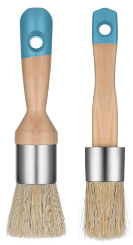 2 Pcs Round Chalk Paint Brush for Furniture, Natural Bristles Stencil Brush Wax & Stencil Brushes Compatible with All Types of Chalk Paints for Painting Home Decor DIY Art Crafts (Blue)