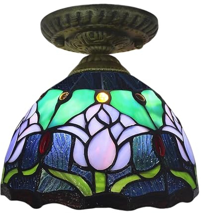 Dualbao Tiffany Ceiling Fixture Lamp, Retro Floral 8 Inch Purple Pink Stained Glass Shade Flush Mount Ceiling Light Pendant Lighting for Kitchen, Living Room, Bedroom,Hallway,Purple Tulips