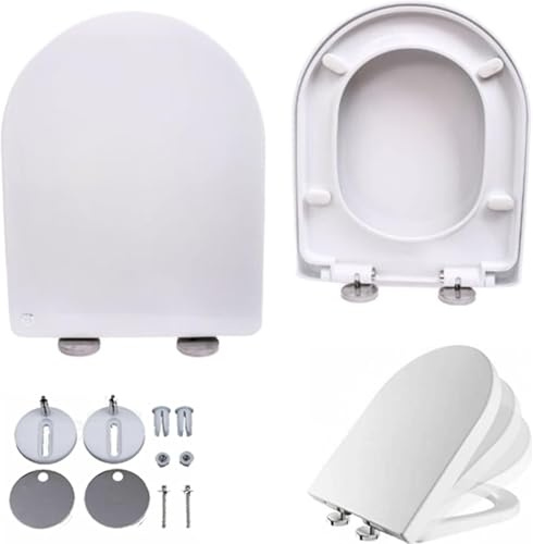 Abattant de WC antibactérien avec système d'abaissement automatique et fonction Quick Release - Siège de toilette amovible en Duroplast avec fixation en acier inoxydable - Lunette de WC en forme de D