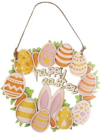 DINGFENG Ciondolo di Pasqua Happy Easter in legno con coniglio, uova di Pasqua ed erba, decorazione rotonda per porta, decorazione per finestre e arbusto pasquale, moderna decorazione pasquale per