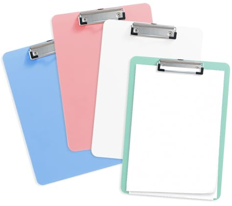 HMCEY 4 Pièces Porte Bloc A4 Avec Pince,Clipboard A4 Plastique,Support Feuille Bureau,Porte Document Rigide,Support Bloc Note,Planchettes à Pince Multicolore pour Bureau, Travail, Salle de Classe