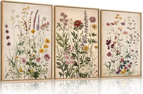 TOARTi 3er Set Vintage Wildblumen Wandkunst Botanische Poster 30x40cm Boho Leinwand Wanddekoration Retro Natu Leinwand Kunst Wohnzimmer Schlafzimmer Büro Rustikale Poster Deko