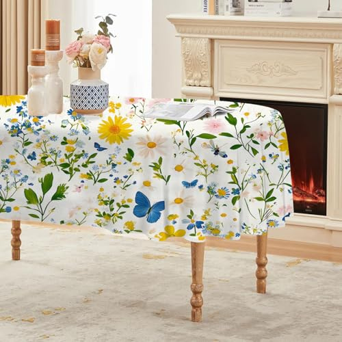 Blumenmuster Tischdecke Ovale 180x140 cm, Fleckabweisende Abwaschbare Tischdecke mit Schmetterling Muster, Landhausstil Gartentischdecke, Für Küche, Esszimmer -AAl11