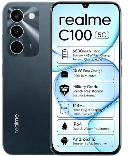 realme C100 5G Smartphone, Batteria 6600mAh Titan, (18+6) GB RAM + 128GB, Display 144Hz, Resistenza Militare, Ricarica 45W, Fotocamera AI 50MP, Dual SIM Android 16, Blooming Design, Verde