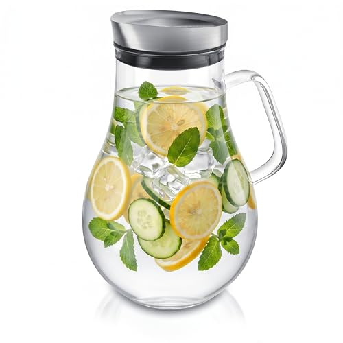 Arendo - Karaffe mit Deckel 2000 ml - Wasserkaraffe Glas mit Edelstahldeckel und integriertem Grobfilter, Glaskeraffe aus Borosilikatglas 2 L, Temperaturbereich –20 °C bis +150 °C