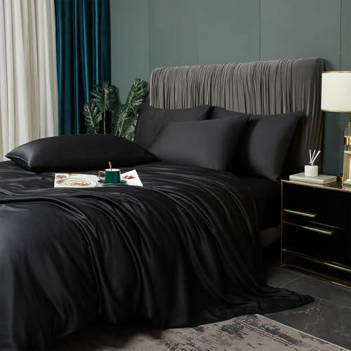 Luofanfei Housse de Couette 220x240 Noir Lyocell Bambou Parure de lit Unie 2 Personnes Soie Lisse Soyeux Brillant Adulte Uni Ensemble Literie avec Fermeture éclair et 65x65cm Taies d'oreiller