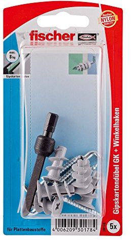 Fischer Gipskartondübel GK WH K SB-Karte, 5 x Winkelhaken 4,2 x 40, 1 x Setzwerkzeug, 030178