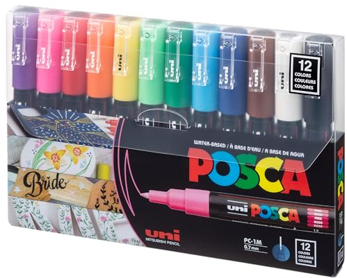 uni Posca Acrylic Paint Art Markers, Set of 12 Extra Fine Point Thin Paint Pens for Coloring Gifts, Fabric, Metal, Glass, Rocks, Wood and Canvas, Assorted Colors, PC1M12C