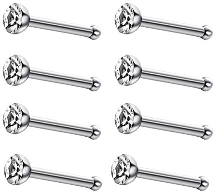 JEWELRIESHOP 40pcs Nose Studs Stainless Steel CZ Nose Rings Pins Piercing Jewelry Bone Studs for Women Men Hypoallergenic 22G (2mm, White CZ)