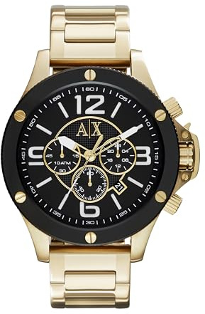 Armani Exchange Reloj hombre, Movimiento cronógrafo de cuarzo y caja de 48mm con correa de acero inoxidable, Tono dorado y negro