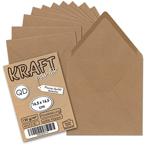 50x Vintage Briefumschläge quadratisch Kraftpapier 120gr - 165 x 165 mm (16,5 x 16,5 cm) - braun - nachhaltig Recycling - Nassklebung - GUSTAV NEUSER