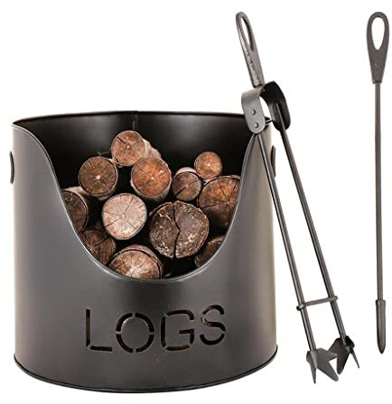 Metal Fireside Kindling Log Scuttle Storage Bucket Recycled Iron Fireplace Kindling Basket with Tongs & Poker