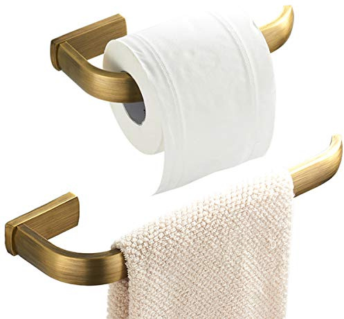 Flybath Handtuch und Toilettenpapierhalter Set Messing Gebürstet Antik | 2-teiliges Badezimmer Zubehör Set, Vintage Gold Handtuchhalter 29 CM, WC Rollenhalter Klopapierhalter 19 CM Retro Bronze