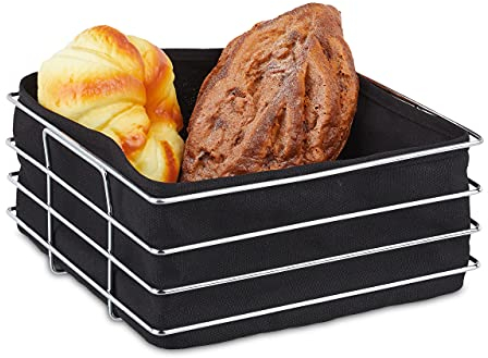 Relaxdays Brotkorb Cestino per Pane, Cesto Portapane in Acciaio, Rivestimento in Stoffa, Moderno, Cesta Porta Frutta, Nero, Ferro, 1 pz