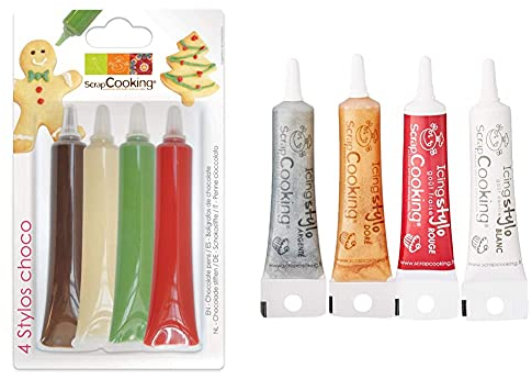 Scrapcooking 4 Stylo Choco/Rouge/Blanc/Vert/Choco & 4 Icing Stylos à Pâtisserie : Or, Choco, Blanc & Rouge - Crayons Alimentaires Comestibles Décoratifs Colorants, Gâteaux & Biscuits